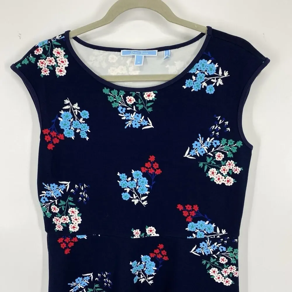 Draper James Dress Floral Ponte A-Line size Medium Navy Blue Cap Sleeves